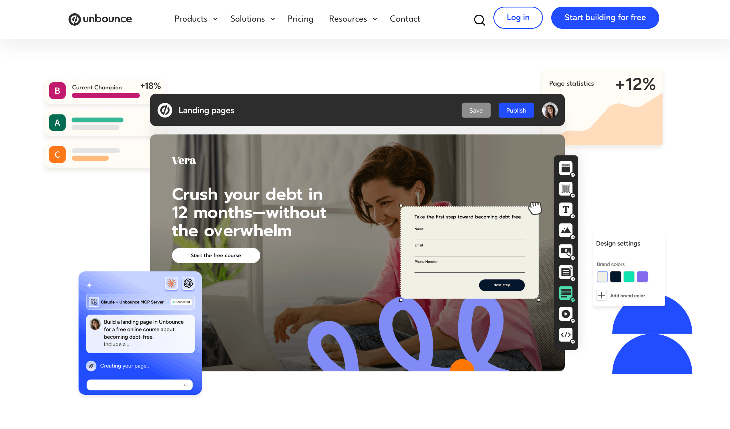 Unbounce's landing page builder interface showing a page layout being edited on a drag-and-drop canvas