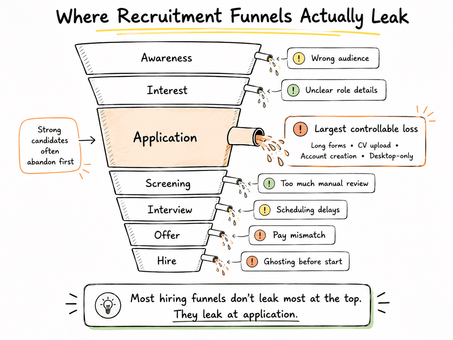 Recruitment funnel showing candidate drop-off at each hiring stage