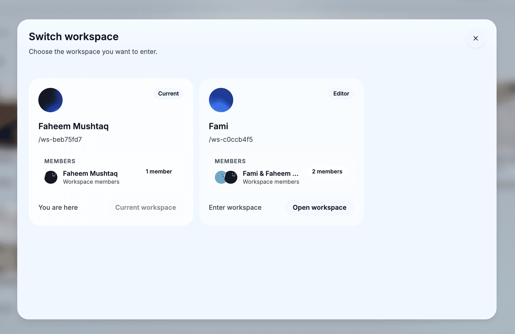 CueFully's workspace switcher, listing separate workspaces each with their own members, so one account holds several clients without their funnels or leads mixing