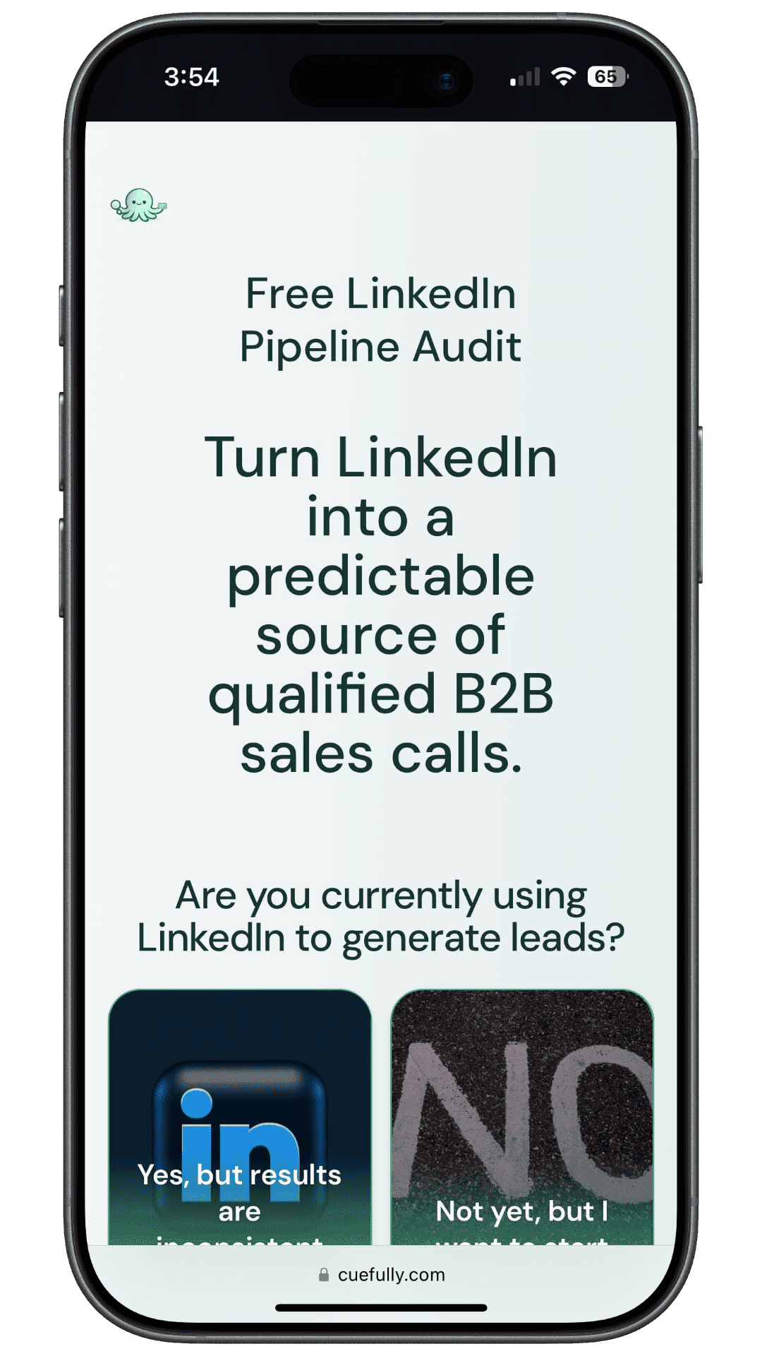 The appointment booking funnel on a phone, showing the offer framed as a concrete outcome before any question is asked