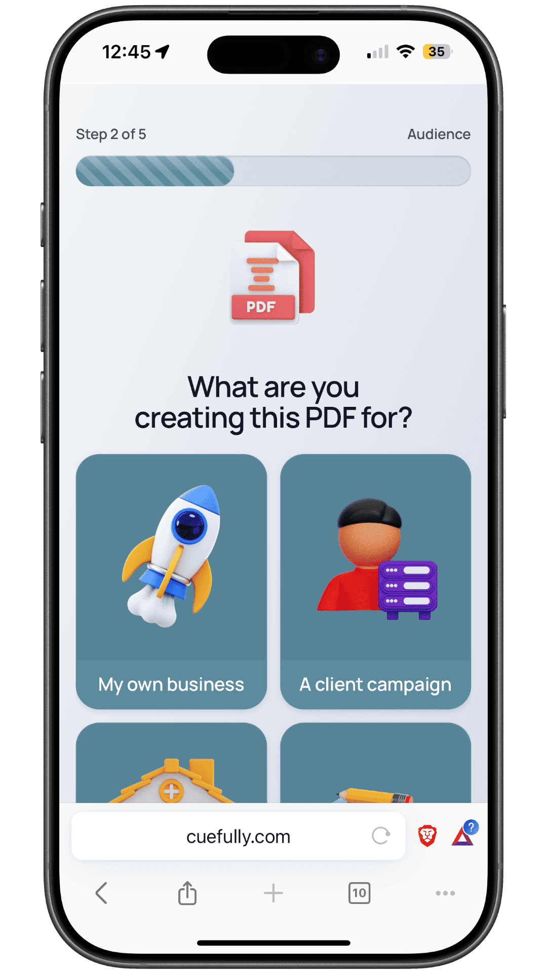 A quiz funnel step on a phone: one question answered by tapping an image tile, with a progress indicator above it