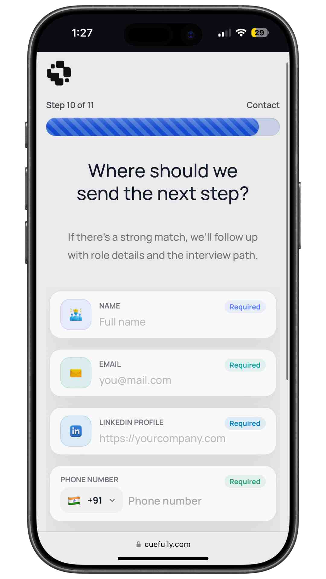 The final step collects name, email and phone, with resume upload offered as optional rather than required