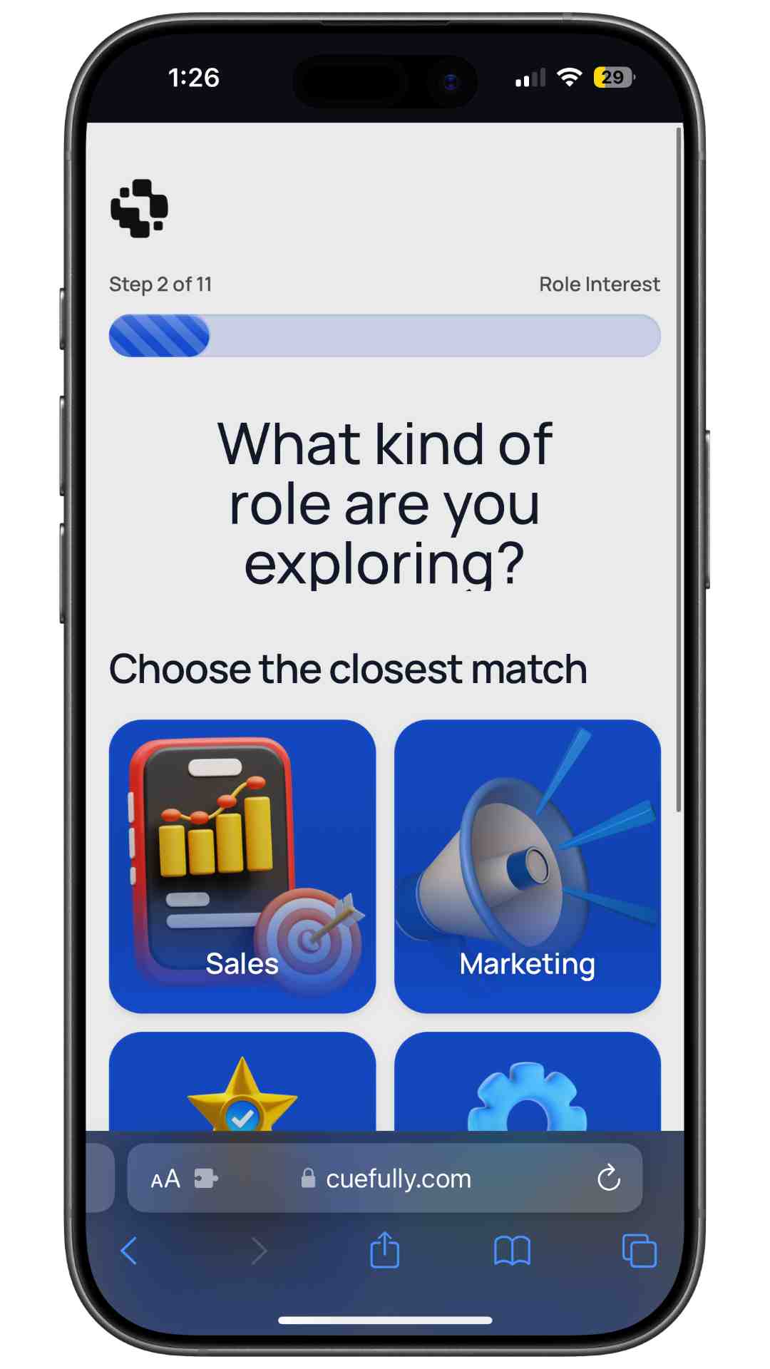 Step 2 asks which kind of role the candidate is exploring, answered by tapping one of six cards