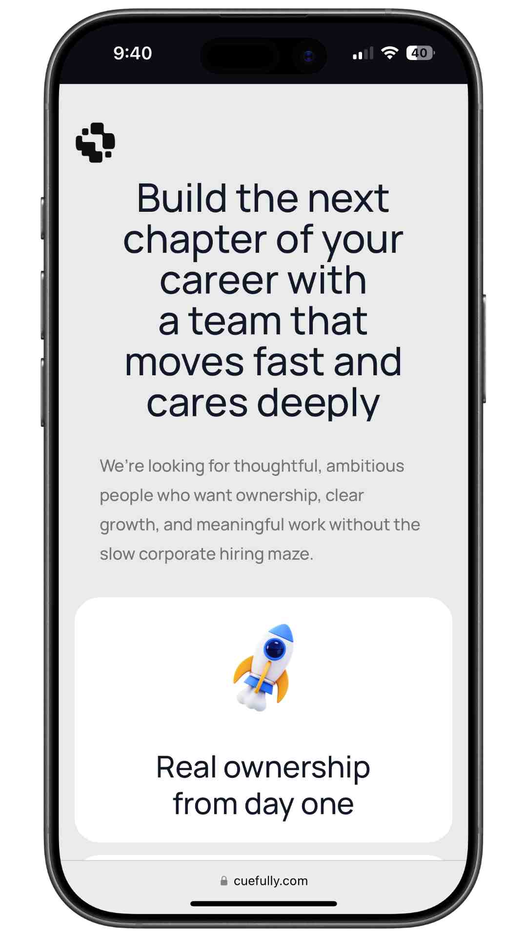 The opening screen pitches the role and shows the full hiring process before asking a single question