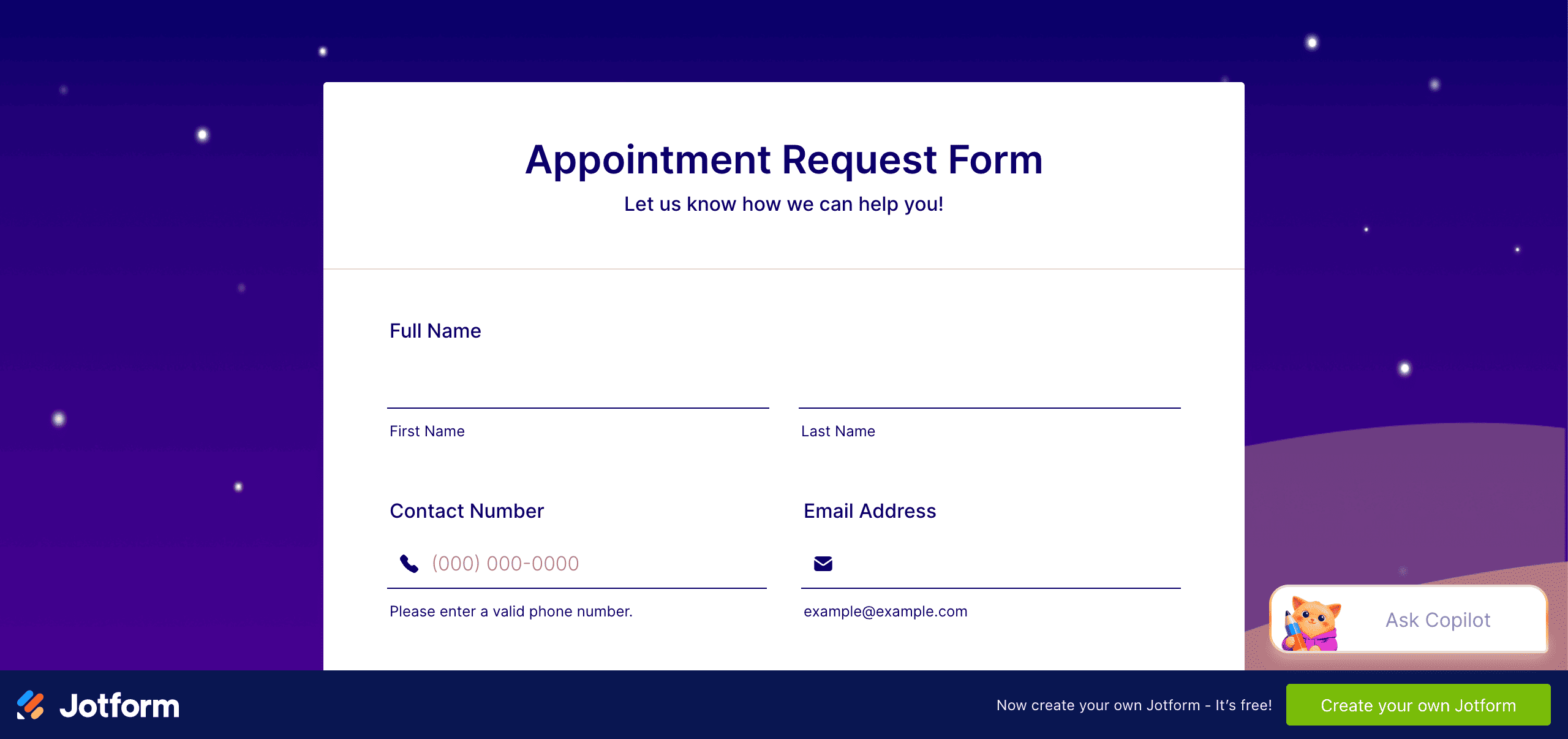 Jotform on desktop: the same appointment request as a two-column form, with every field, hint and validation message visible at once