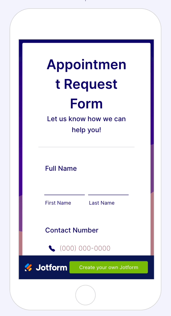 Jotform on mobile keeps the desktop two-column name field, breaks the heading mid-word, and gives the bottom of the screen to a vendor banner