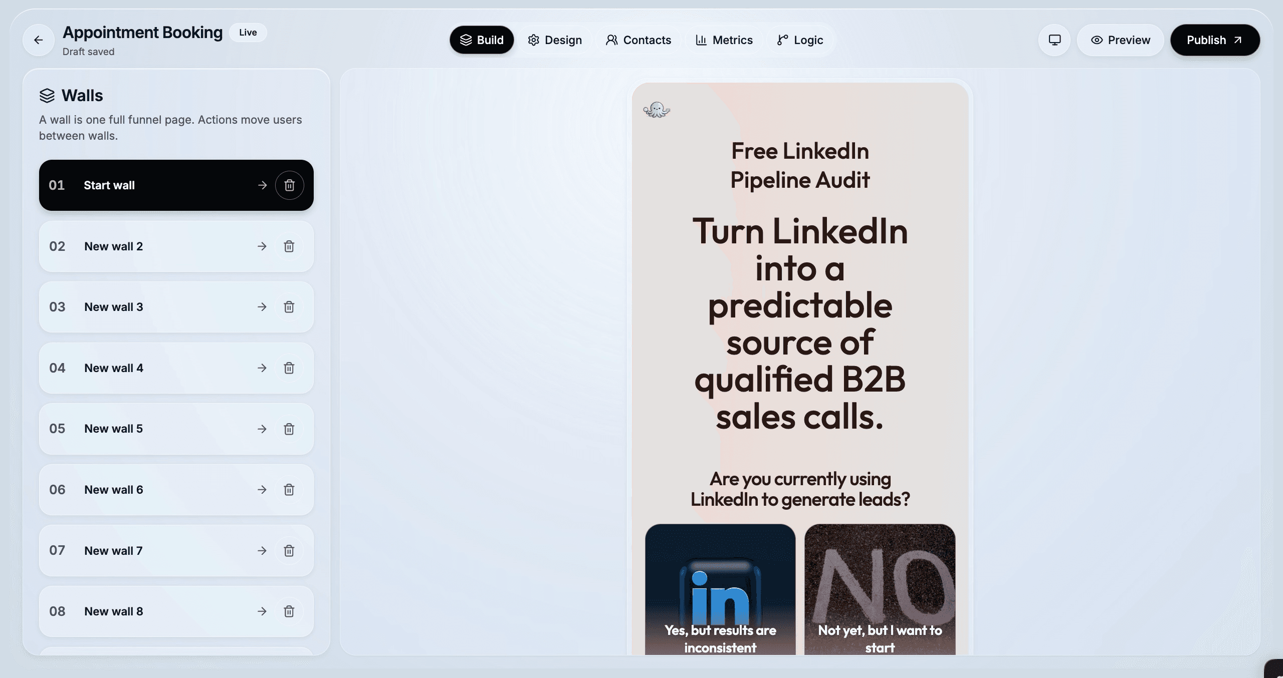 CueFully funnel builder with the wall list and a live mobile preview