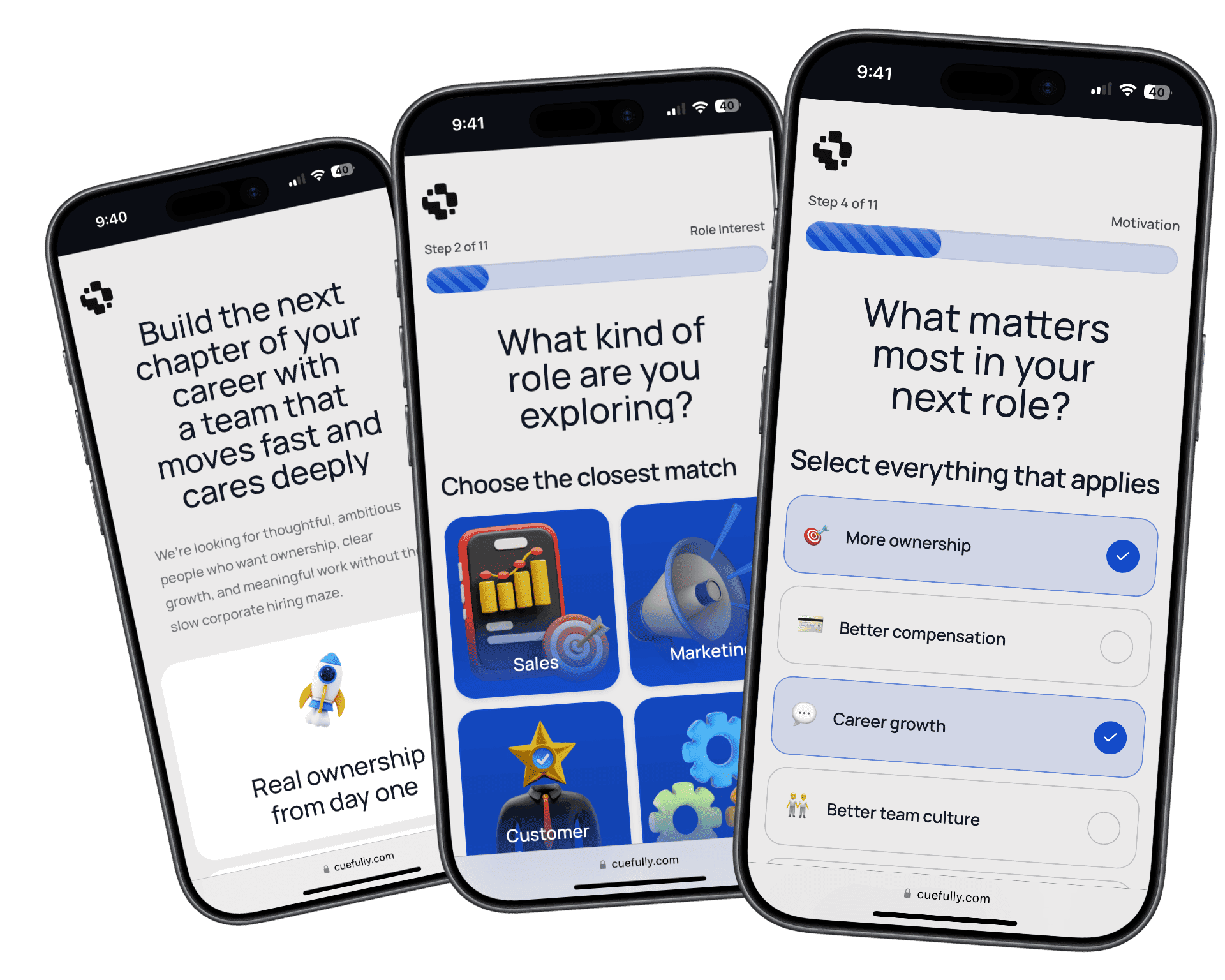 A CueFully recruitment funnel states the offer first, then asks its first question as four tappable image tiles